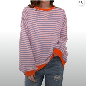 Trendy Queen-Oversized Striped Sweatshirt-L 🧡💙